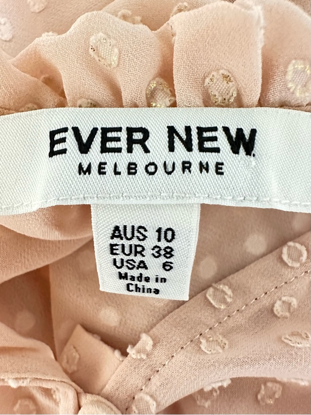 EVER NEW | Peach Blush Gold Metallic Dot Ruffle Coquette Poetcore Blouse Boho - Picture 6 of 10